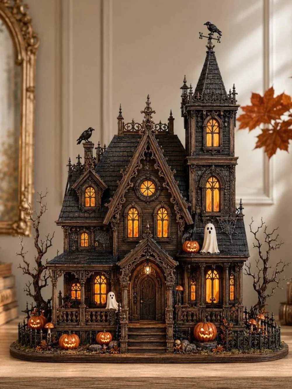 Haunted House Wooden Block, Gothic Halloween Mansion Shelf Decor